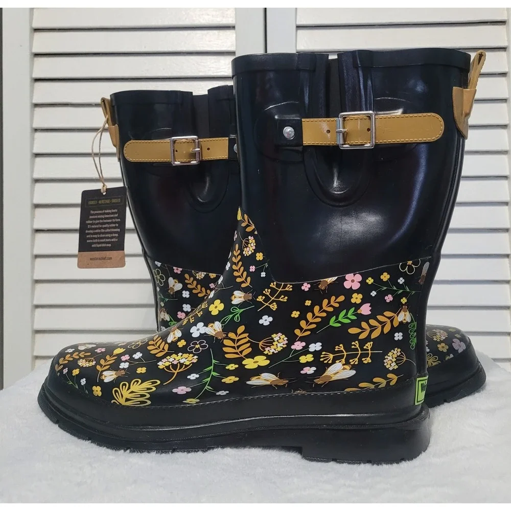 Western Chief Sweet Bees Rain Boots Women's Size 9 Ajustable Buckles Waterproof